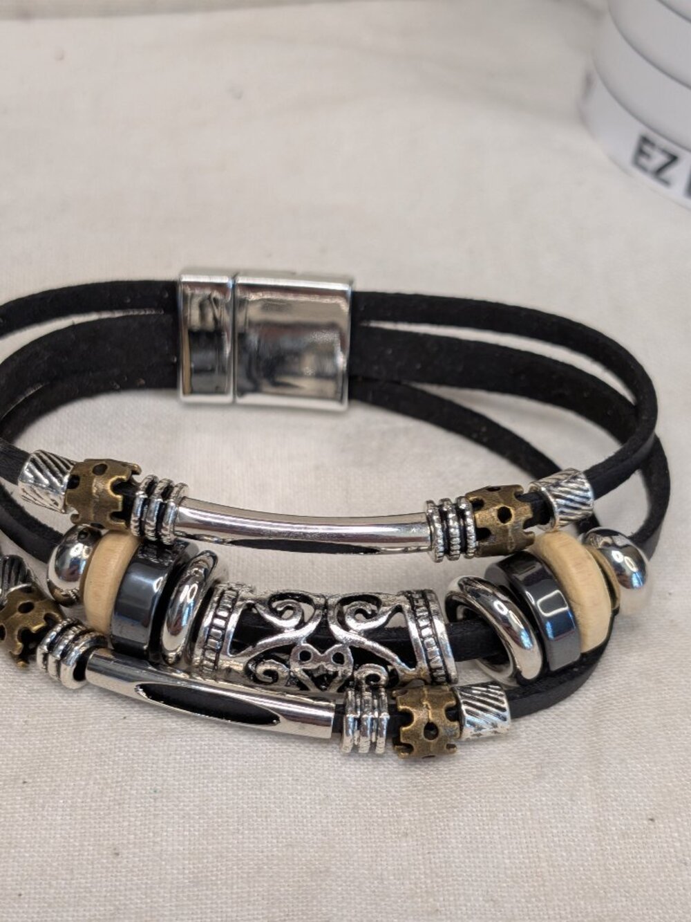 Layered Black Cord Bracelet with Mixed Metal & Wood Beads — Magnetic Clasp